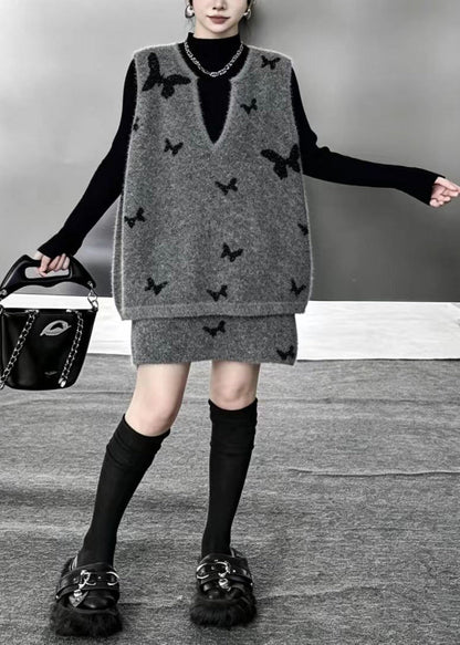 Bohemian Grey V Neck Butterfly Waistcoat And Skirts Knit 2 Piece Outfit Fall