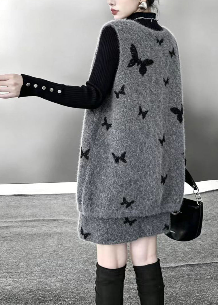 Bohemian Grey V Neck Butterfly Waistcoat And Skirts Knit 2 Piece Outfit Fall