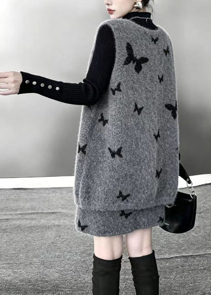 Bohemian Grey V Neck Butterfly Waistcoat And Skirts Knit 2 Piece Outfit Fall