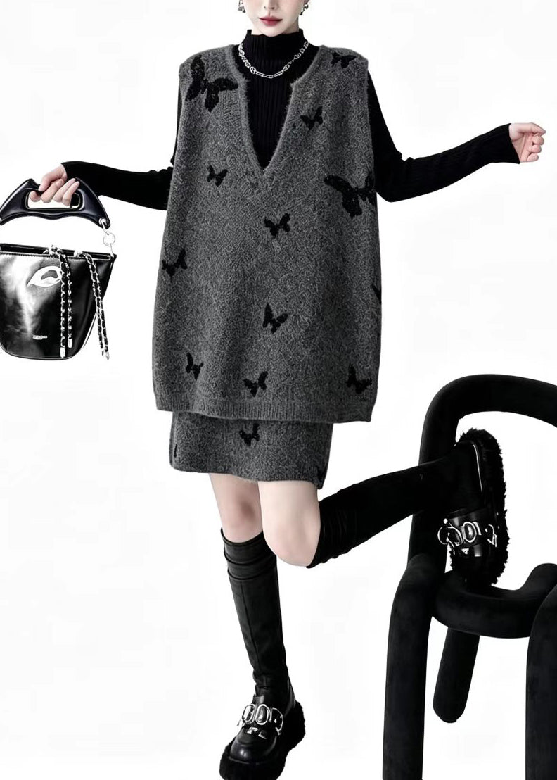 Bohemian Grey V Neck Butterfly Waistcoat And Skirts Knit 2 Piece Outfit Fall
