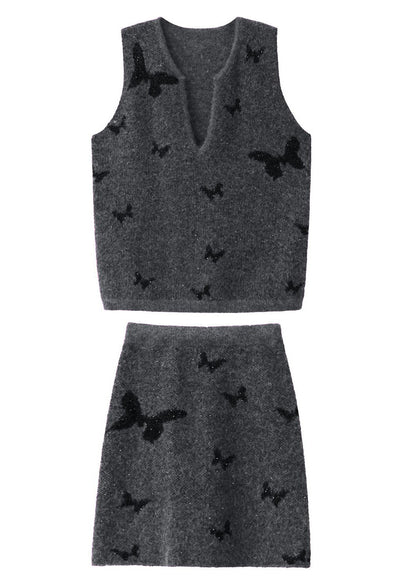 Bohemian Grey V Neck Butterfly Waistcoat And Skirts Knit 2 Piece Outfit Fall