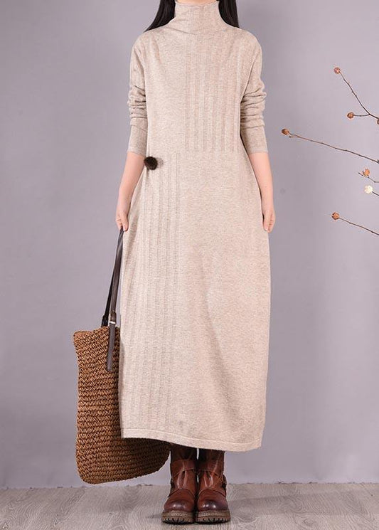 Bohemian High Neck Spring Dresses Wardrobes Beige Dress - SooLinen