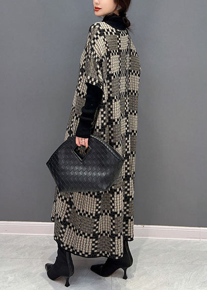 Bohemian Khaki Hign Neck Plaid Knit Maxi Dresses Winter