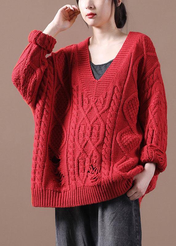 Bohemian Khaki Hole V Neck Fall Cozy Sweater - SooLinen