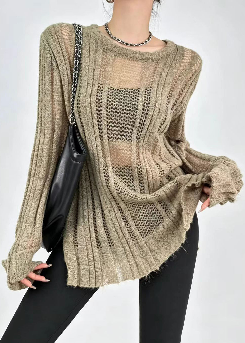 Bohemian Khaki O-Neck Hollow Out Knitted Tops Fall