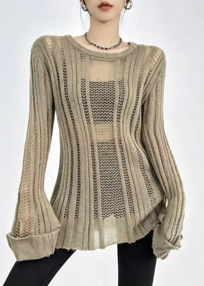 Bohemian Khaki O-Neck Hollow Out Knitted Tops Fall