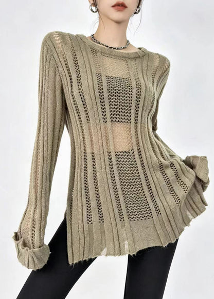 Bohemian Khaki O-Neck Hollow Out Knitted Tops Fall