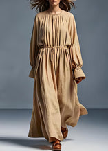 Load image into Gallery viewer, Bohemian Khaki O Neck Wrinkled Plus Size Cotton Dress Long Sleeve