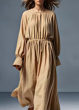 Load image into Gallery viewer, Bohemian Khaki O Neck Wrinkled Plus Size Cotton Dress Long Sleeve