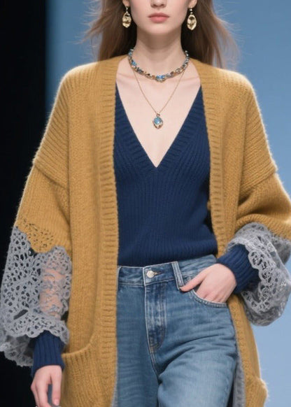 Bohemian Khaki Oversized Patchwork Lace Long Cardigans Winter