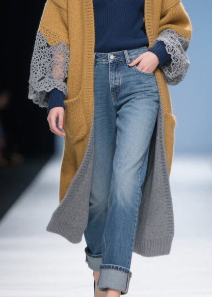 Bohemian Khaki Oversized Patchwork Lace Long Cardigans Winter