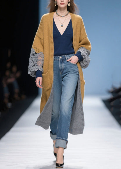 Bohemian Khaki Oversized Patchwork Lace Long Cardigans Winter