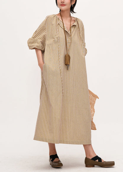 Bohemian Khaki Oversized Striped Linen Maxi Dresses Bracelet Sleeve