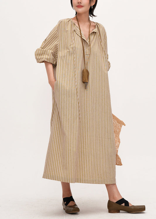 Bohemian Khaki Oversized Striped Linen Maxi Dresses Bracelet Sleeve