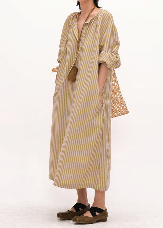 Bohemian Khaki Oversized Striped Linen Maxi Dresses Bracelet Sleeve