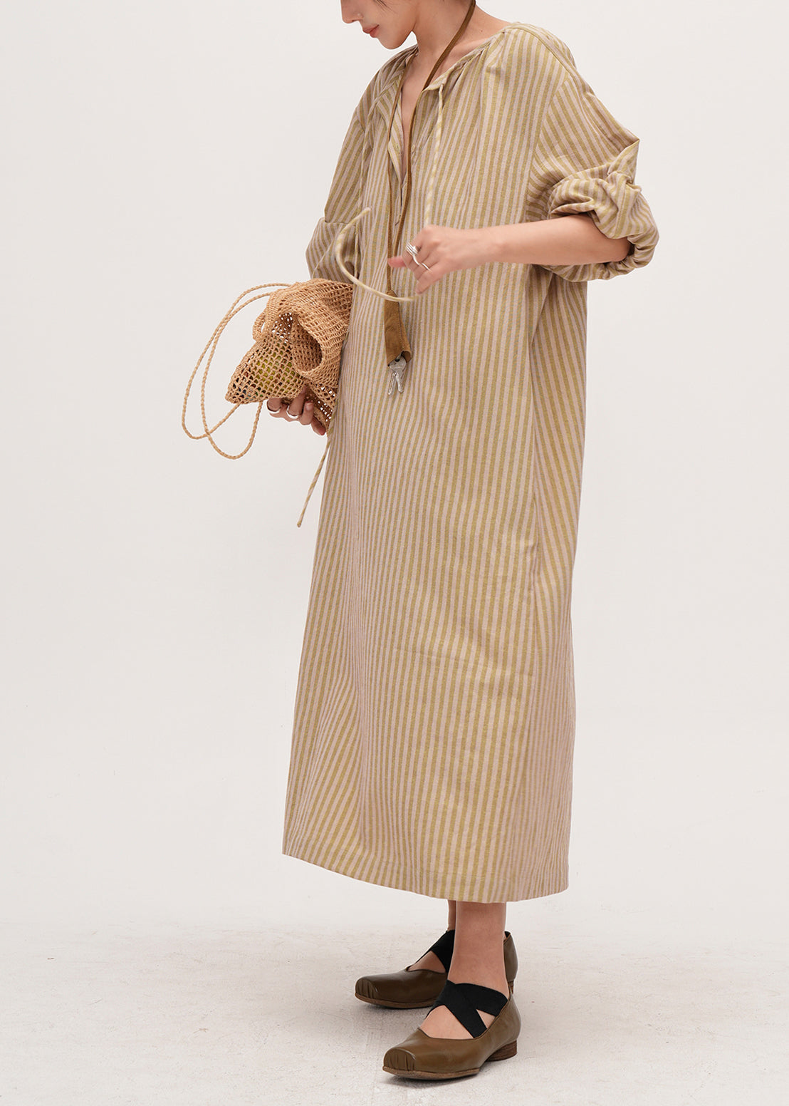 Bohemian Khaki Oversized Striped Linen Maxi Dresses Bracelet Sleeve