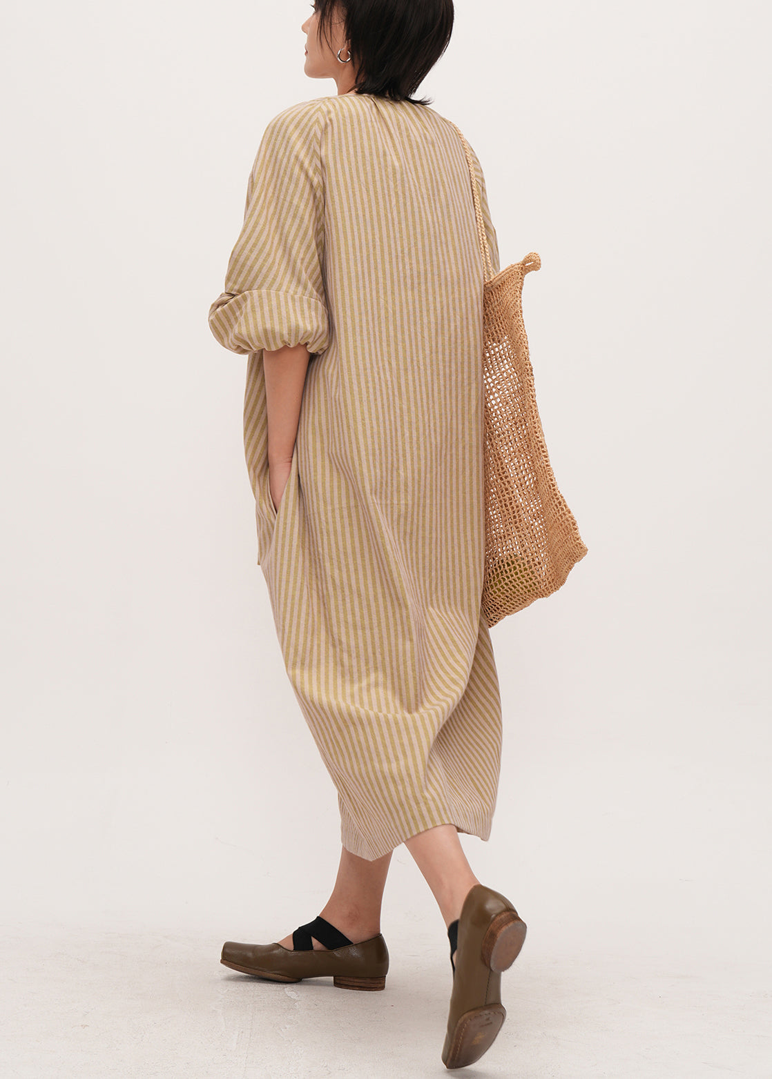 Bohemian Khaki Oversized Striped Linen Maxi Dresses Bracelet Sleeve