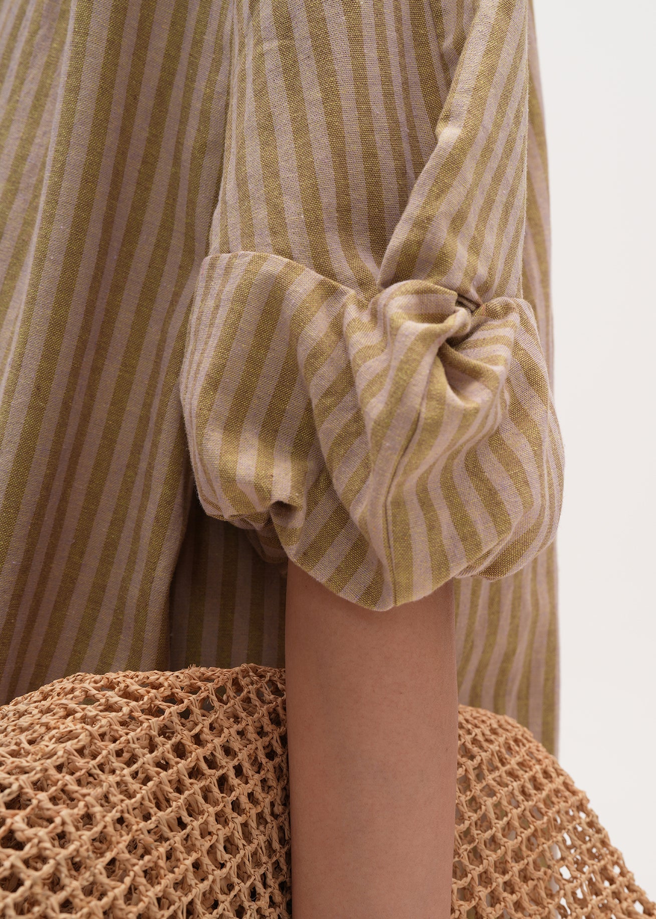 Bohemian Khaki Oversized Striped Linen Maxi Dresses Bracelet Sleeve