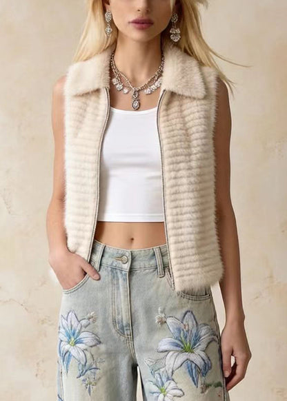 Bohemian Khaki Peter Pan Collar Faux Mink Hair Vests Winter