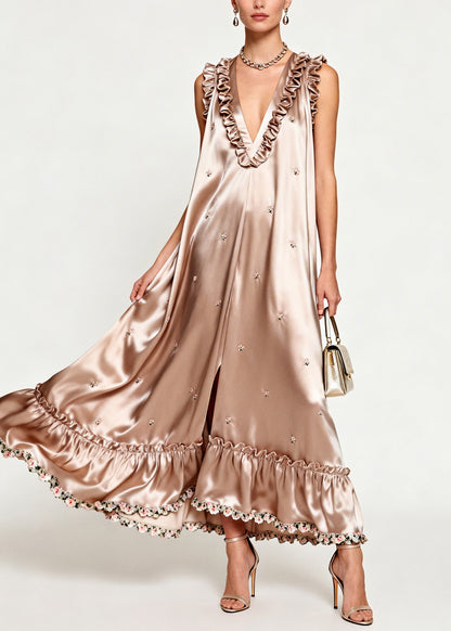 Bohemian Khaki Ruffled Floral Silk Holiday Dress Sleeveless