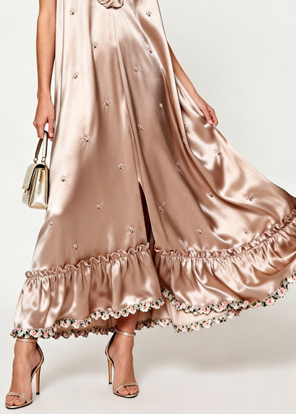 Bohemian Khaki Ruffled Floral Silk Holiday Dress Sleeveless