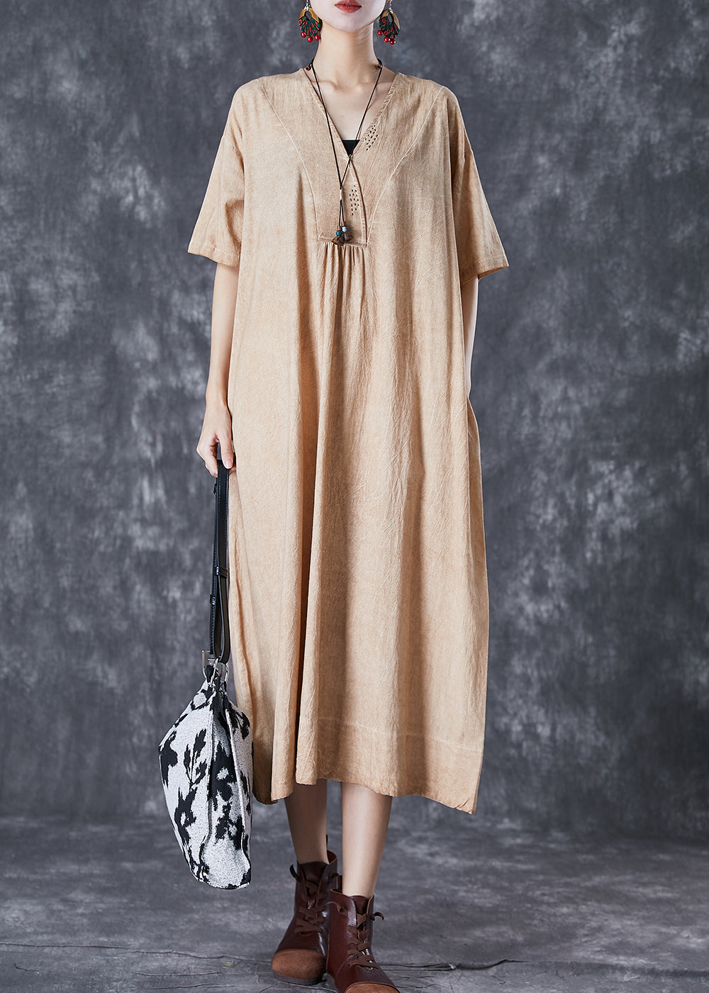 Bohemian Khaki V Neck Pockets Linen Long Dress Summer