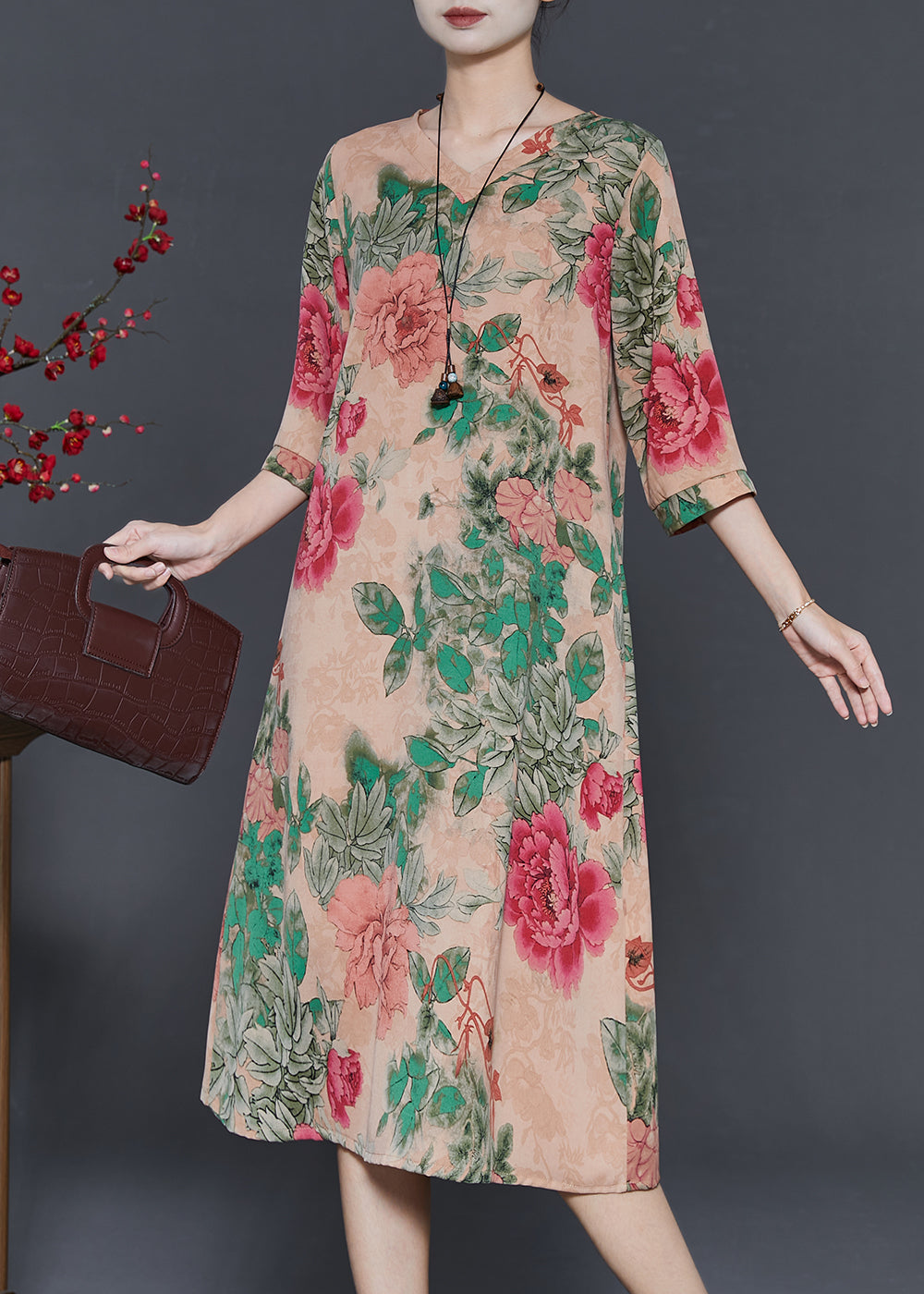 Bohemian Khaki V Neck Print Chiffon Long Dresses Half Sleeve