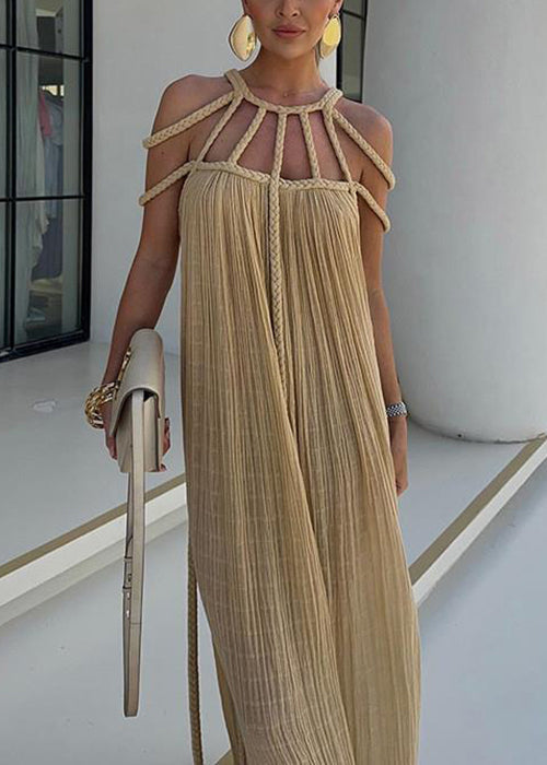 Bohemian Khaki Wrinkled Cable Hollow Out Cotton Long Dress Sleeveless