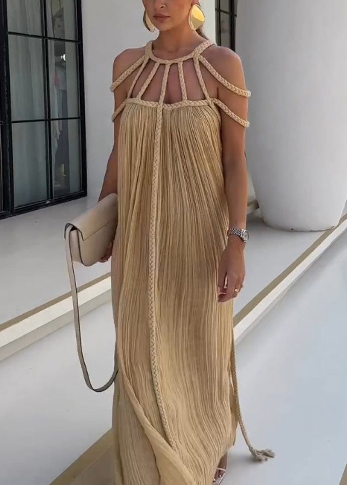 Bohemian Khaki Wrinkled Cable Hollow Out Cotton Long Dress Sleeveless