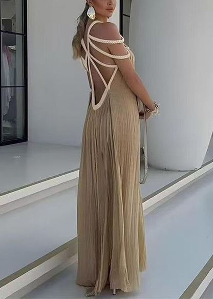 Bohemian Khaki Wrinkled Cable Hollow Out Cotton Long Dress Sleeveless