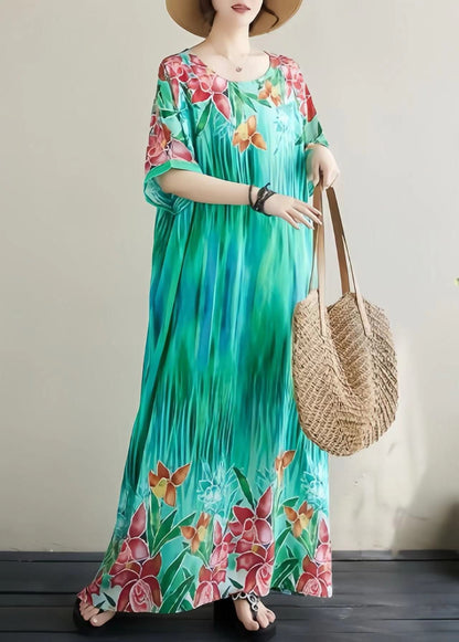 Bohemian Lake Green Oversized Print Cotton Vacation Dress Summer
