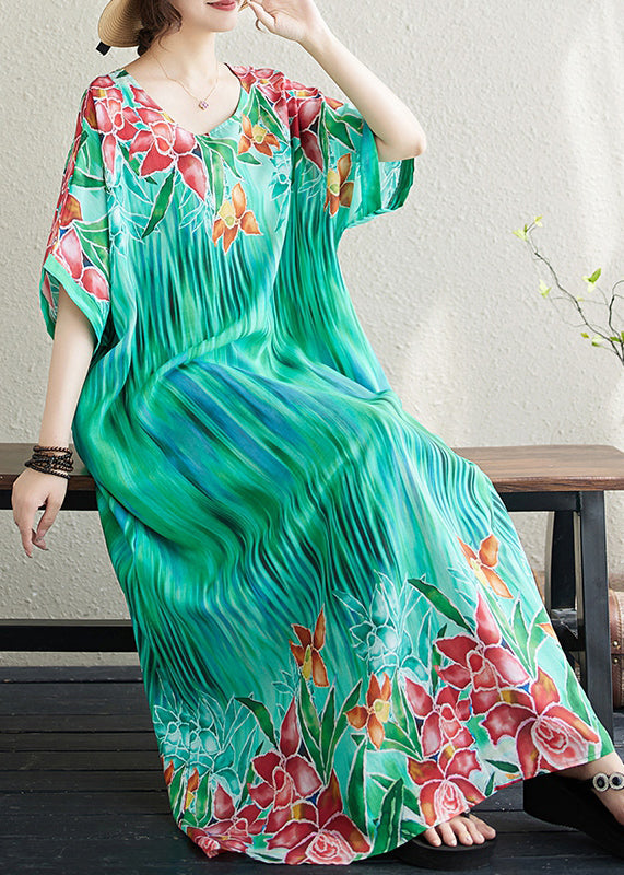 Bohemian Lake Green Oversized Print Cotton Vacation Dress Summer