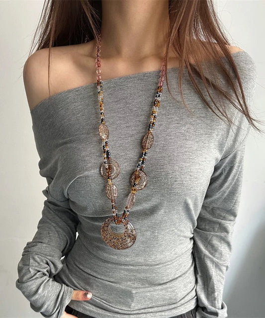 Bohemian Leopard Acrylic Beading Ellipse Sweaters Pendant Necklace