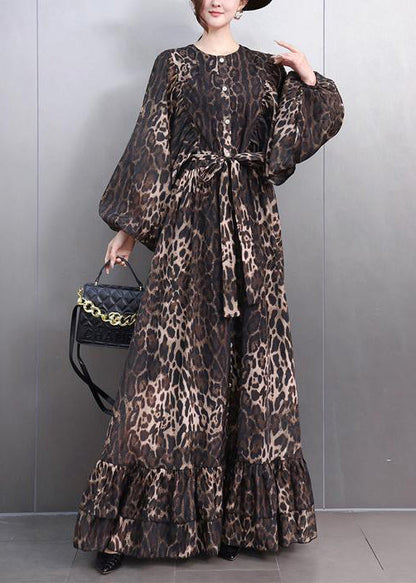 Bohemian Leopard Button Tie Waist Maxi Dresses Fall