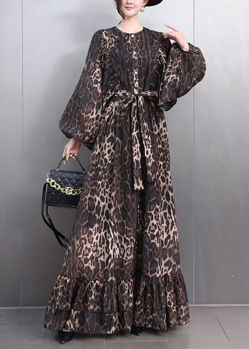 Bohemian Leopard Button Tie Waist Maxi Dresses Fall