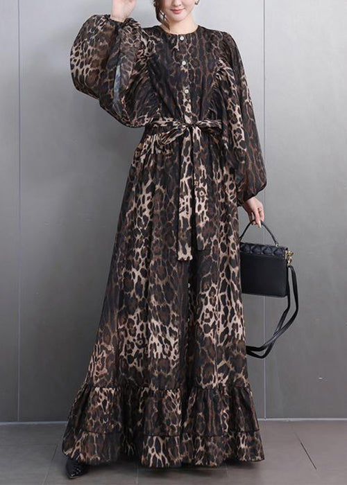 Bohemian Leopard Button Tie Waist Maxi Dresses Fall