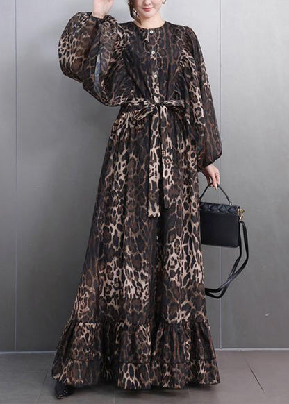 Bohemian Leopard Button Tie Waist Maxi Dresses Fall