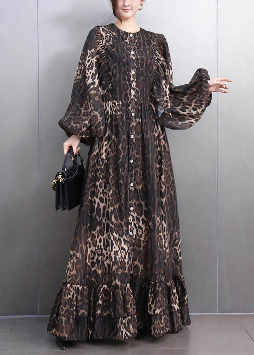 Bohemian Leopard Button Tie Waist Maxi Dresses Fall