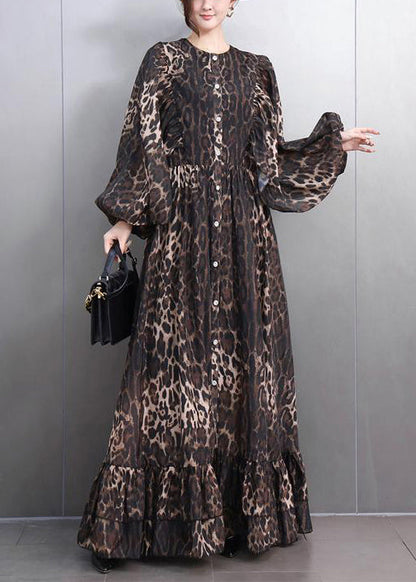 Bohemian Leopard Button Tie Waist Maxi Dresses Fall