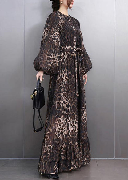Bohemian Leopard Button Tie Waist Maxi Dresses Fall