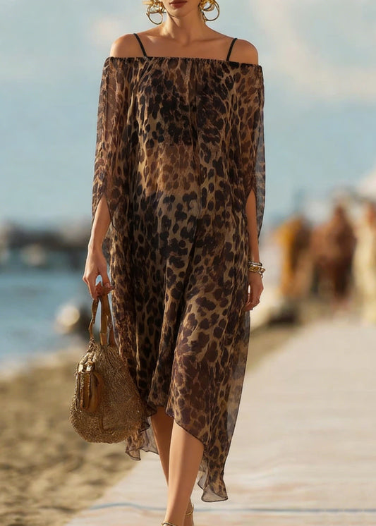 Bohemian Leopard Slash Neck Silk Dresses Batwing Sleeve