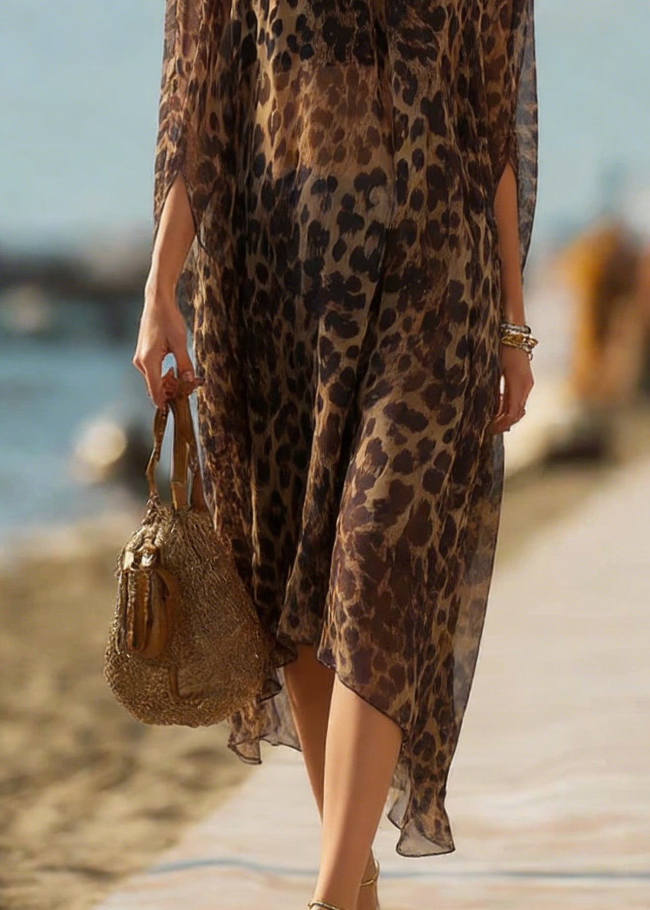 Bohemian Leopard Slash Neck Silk Dresses Batwing Sleeve
