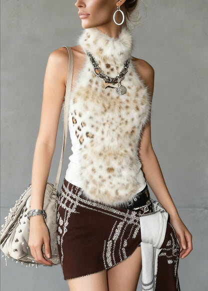 Bohemian Leopard Turtleneck Fluffy Patchwork Tank Sleeveless