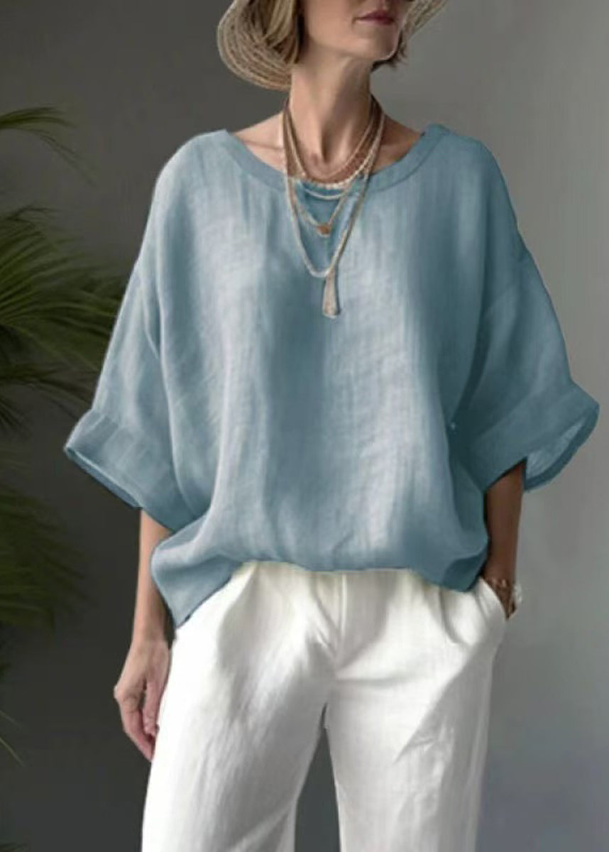 Bohemian Light Blue O-Neck Shirt Top Half Sleeve
