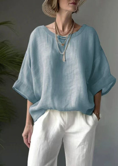 Bohemian Light Blue O-Neck Shirt Top Half Sleeve