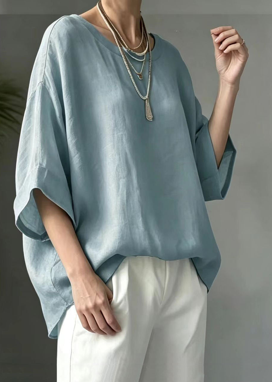 Bohemian Light Blue O-Neck Shirt Top Half Sleeve