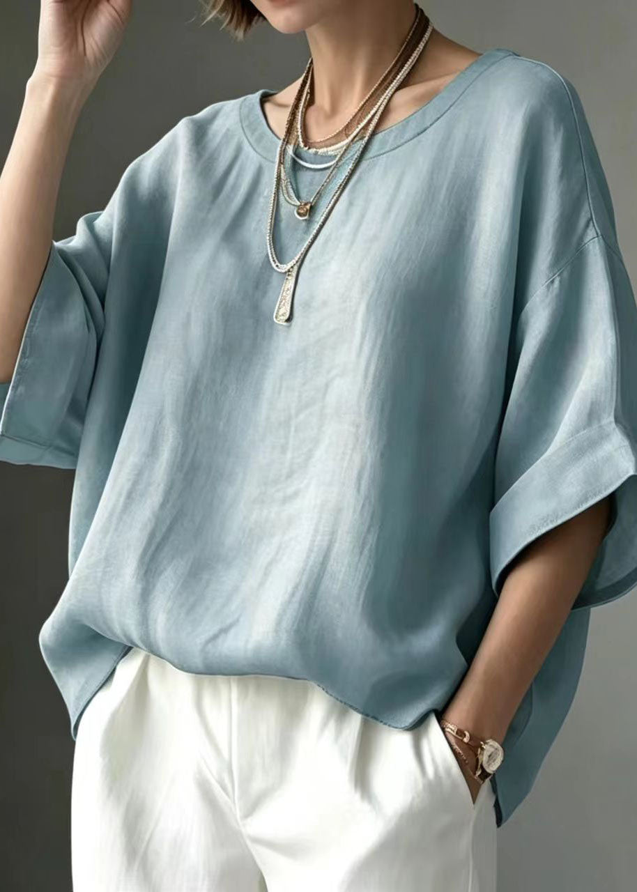Bohemian Light Blue O-Neck Shirt Top Half Sleeve