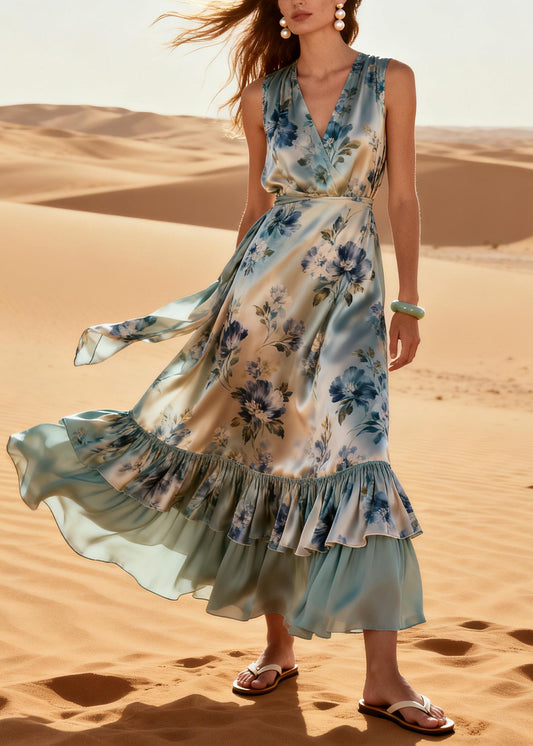 Bohemian Light Blue Ruffled Patchwork Print Silk Maxi Dresses Summer