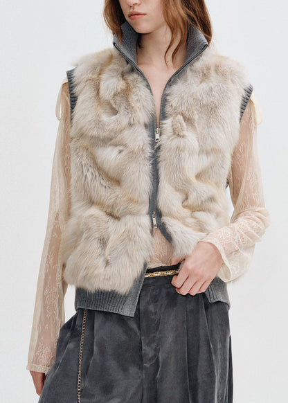 Bohemian Light Grey Zippered Patchwork Mink Hair Waistcoat Sleeveless