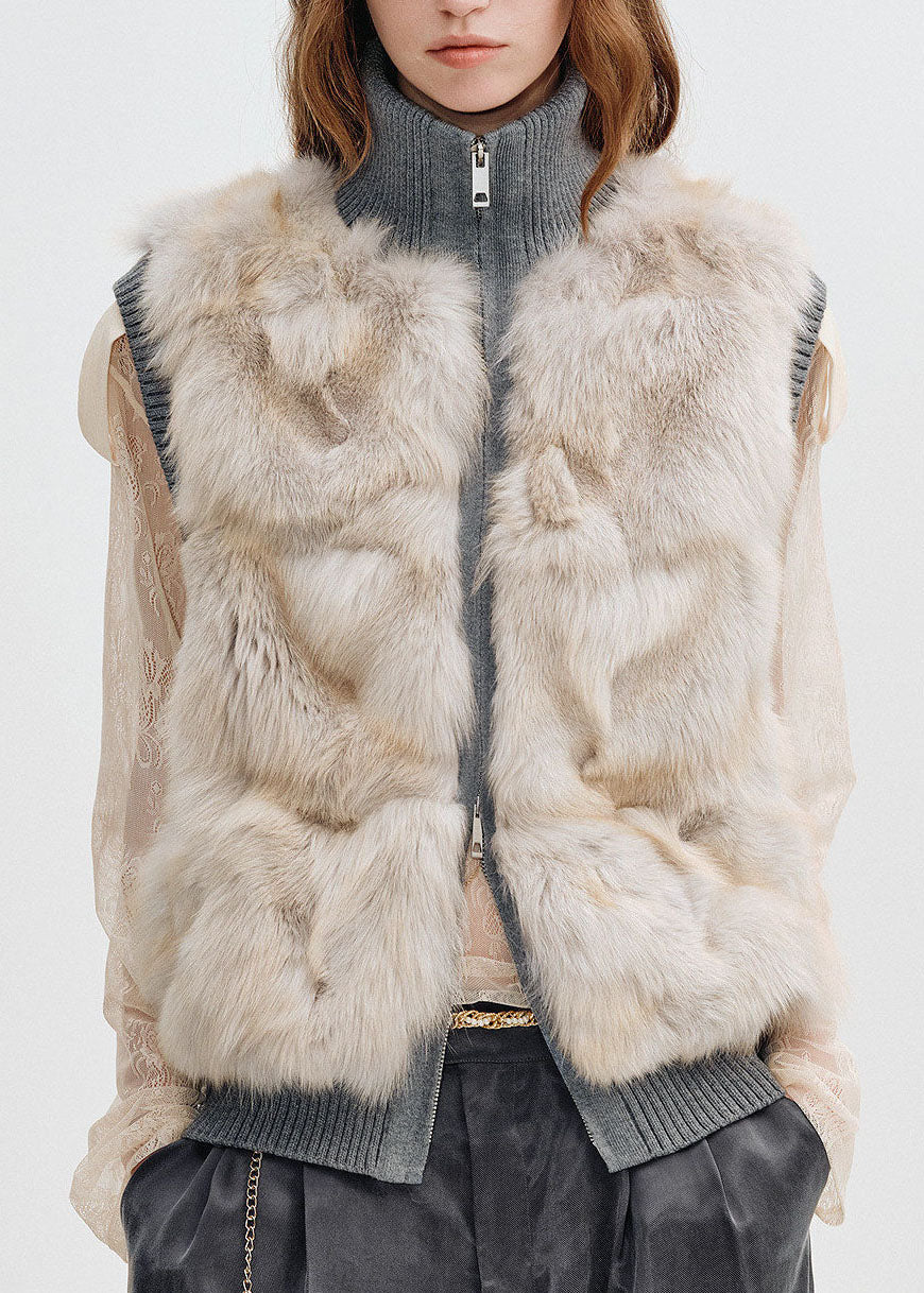 Bohemian Light Grey Zippered Patchwork Mink Hair Waistcoat Sleeveless